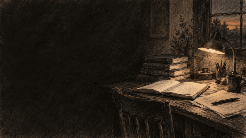 A charcoal sketch of a writer's desk with a stack of books, an open notebook, and a small lamp.