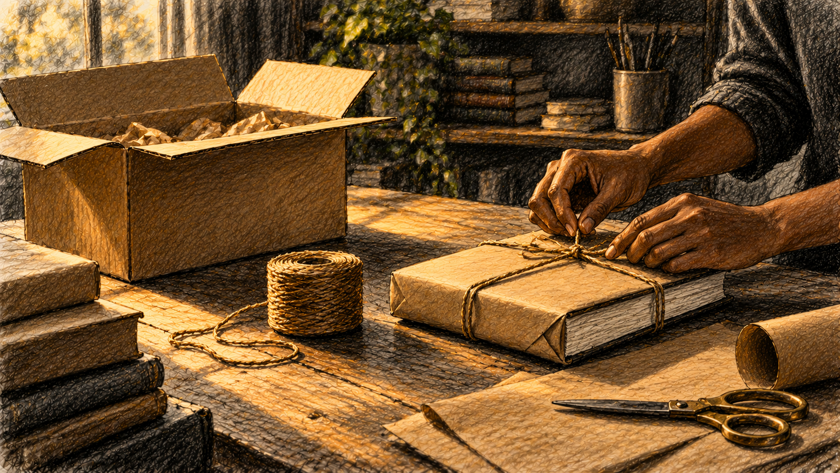 Two hands wrapping a printed book in brown paper on a worktable with twine and a shipping box, drawn in charcoal.