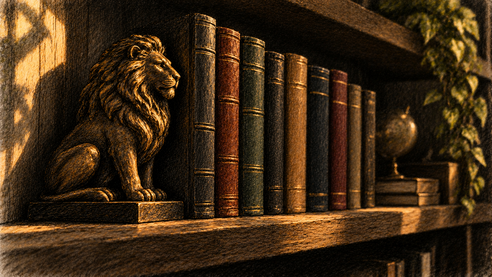 A carved lion bookend holding a neat row of hardcover books upright on a sturdy wooden shelf, drawn in charcoal.